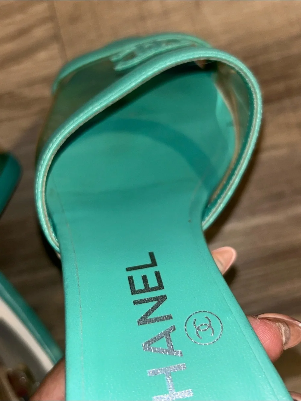 CHANEL Turquoise Green Leather PVC Slide Sandals-SIZE 36